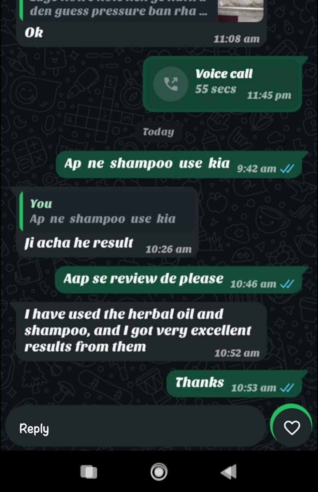 HERBA L.S.M customer WhatsApp review about hair growth